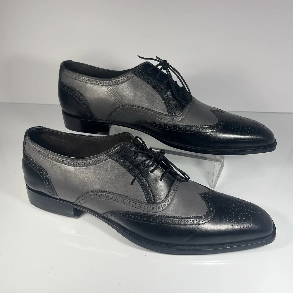 Hand Made Black Gray Tan Leather Oxford Wingtip Size 14